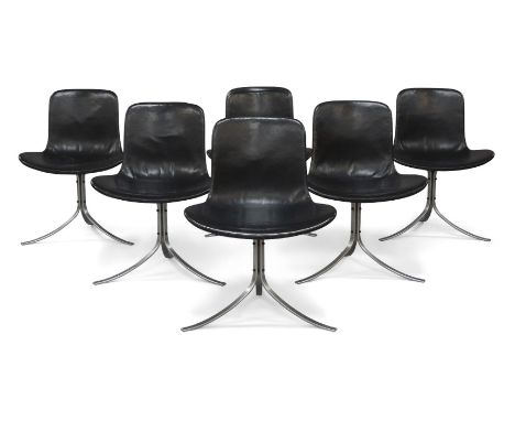 Poul Kjaerholm (1929-1980) for E. Kold Christensen,   Six 'PK9' dining chairs, circa 1960,  Steel, black leather,  Each chair
