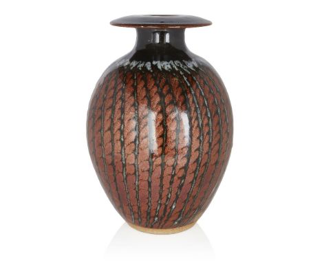 David Lloyd Jones (1928-1994),   Large disc rim vase, circa 1970s/80s,  Stoneware, tenmoku glaze with wax resist twist decora