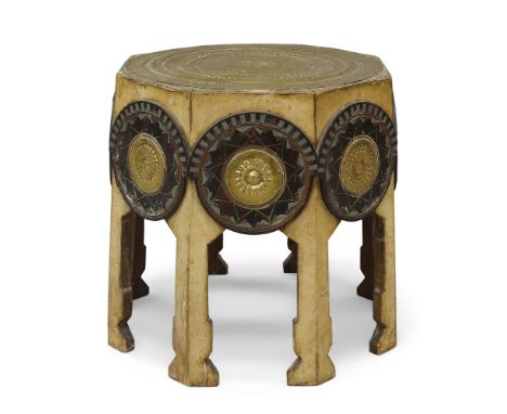 Carlo Bugatti (1856-1940),   Octagonal side table, circa 1900,  Hammered brass, vellum, ebonised wood, mahogany, pewter, copp