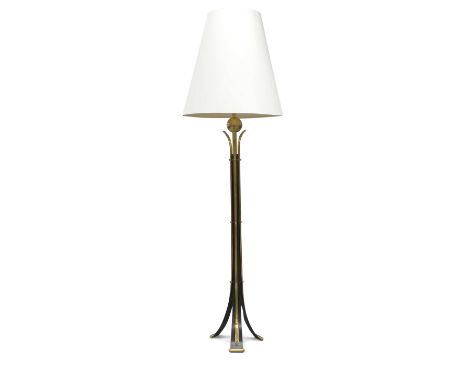 Designer Unknown,   Floor lamp, circa 1960,  Brass, black lacquered metal, fabric shade,  170cm highPlease refer to departmen