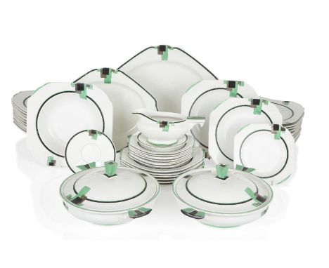 Shelley, retailed by Lawleys of Regent Street,   'Vogue' Green Blocks pattern no. 11785 part dinner service, circa 1930,  Pai