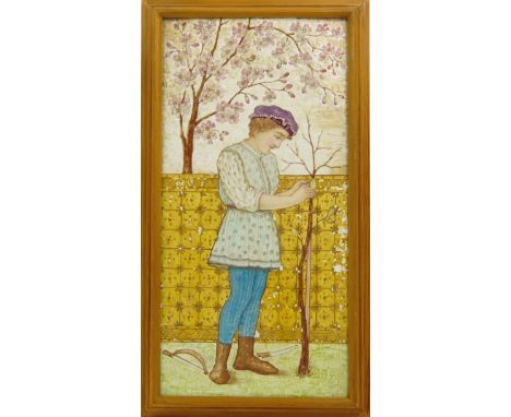 Minton, Hollins & Co.   Aesthetic Movement painted tile depicting a gardener, 1881,  Glazed earthenware,  Painted date and si
