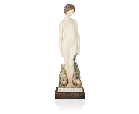 Harry Parr (1882-1966),   'Primavera' model of a female nude with rabbits, 1926,  Glazed earthenware, wooden base,  Painted t