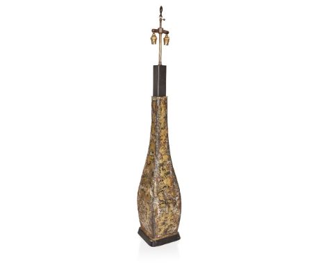 Designer Unknown,   Large Brutalist lamp, circa 1970,  Welded steel, gilt and copper patination, brass, ebonised wood,  121cm