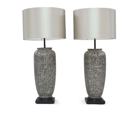 Celeste dell â€˜Anna,   Pair of lacquered table lamps, circa 2015,  Coquille dâ€™oeuf lacquer, Porta Romana fabric shades,  E