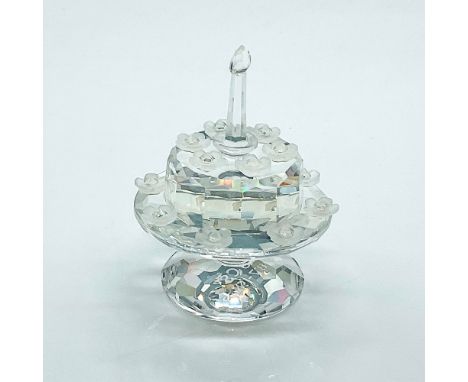 Multifaceted clear crystal birthday cake with candle and frosted flowers with clear centers. Swarovski etched backstamp 1987-