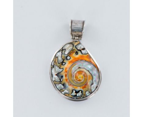 Stunning snail shaped mother of pearl seashell pendant has beautiful color and movement set in a silvertone edge with a wide 