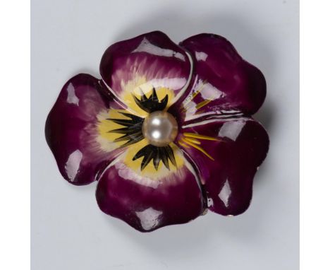 Charming brooch of a purple and yellow enamel pansy with a single pearl at the center. Backstamp By Lampl Sterling. 1.75"L x 