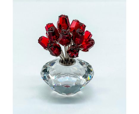 Multifaceted clear crystal vase with 13 red crystal roses on wire stems. This item has its original box: 4"L x 4.5"W x 5"H, a