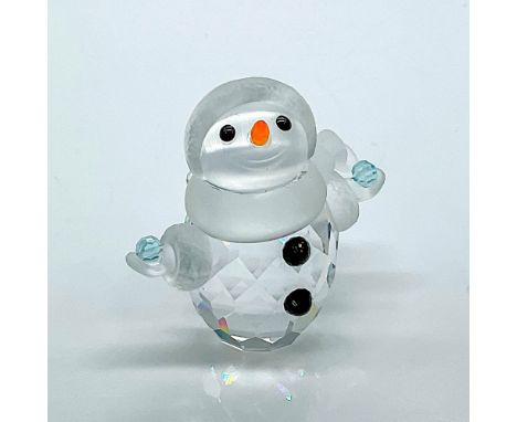 Multifaceted clear crystal with black eyes and buttons, orange carrot nose, frosted scarf and hat rim, and mittens with a pal