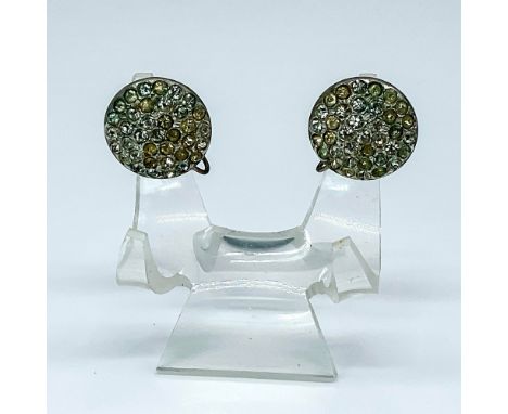 This set includes two vintage button-style earrings with screw backs in silver tone, adorned with rhinestones glued to a dome