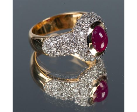 Natural ruby center stone weighing 2.15cts. 90 round brilliant diamonds weighing 0.75cts with F-G coloration and VS-SI clarit