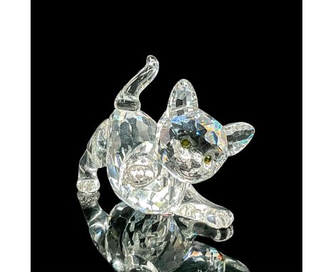 Clear faceted crystal figure of a little kitten with green crystal eyes. Item number 7619NR000011. Swarovski etched backstamp