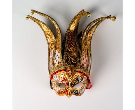 Elaborate wearable hand crafted paper mache mask in gold, red and black coloration with six vertical panels decorated with go