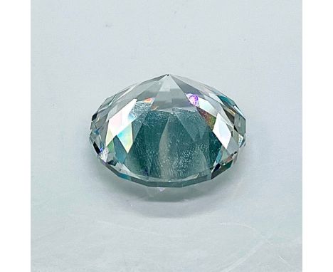 Multifaceted clear crystal mini chaton paperweight. Swarovski etched backstamp. This item has its original box: 2.5"L x 2.5"W