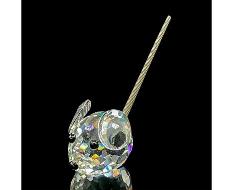 Clear faceted crystal tiny figure of a mouse with a metal spring tail. Swarovski mark. Item number 7655NR23. Part of the In A