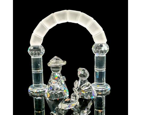 Three small clear faceted crystal figures of Mary, Joseph and baby Jesus from the Nativity story. Joseph is 1"L x 1"W x 1.75"