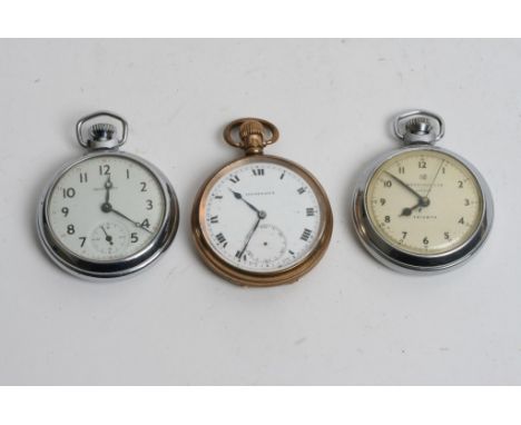 Three watches comprising a gold plated button wind pocket watch, two button wind Ingersol pocket watches