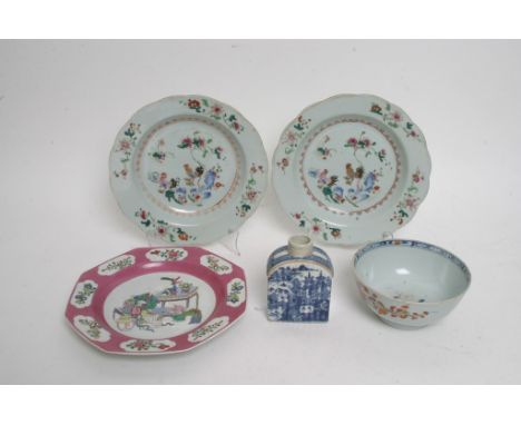 A collection of Chinese ceramics comprising three famille rose plates, Chinese Imari bowl and a blue and white tea caddy. 