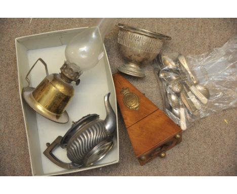 A Metronome, plate and silver odds and an oil lamp