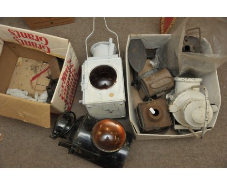 Three boxes containing Railway BR lamps including Square tail-lamp, round engine lamp, square burner vessel stamped Ipswich, 
