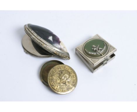 A small 19th Century brass snuff box depicting Head of Prince Albert, a mounted mussel shell snuff box and a square snuff box