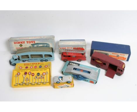 A collection of 5 boxed dinky toys including No581 horse box, No955 fire engine, No982 Pullmore transporter, No110 Aston Mart