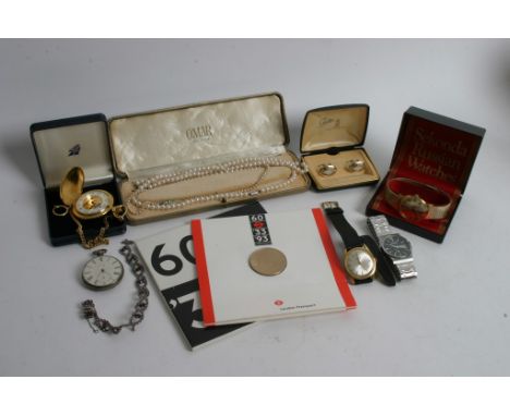 Three wrist watches, two pocket watches, cufflinks, pearl necklace and a bracelet 
