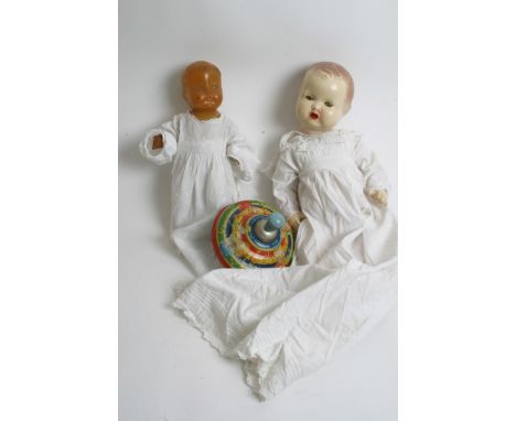 Two dolls including a 'Marie-Lou' wax type plus a Chad Valley spinning top