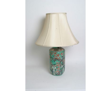 A 19th century Chinese famille verte vase decorated with flowers and foliage converted to table lamp. 40cm.