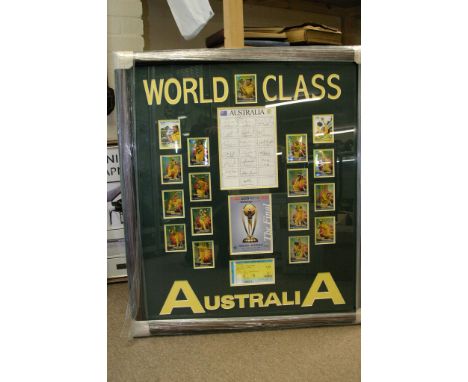 A large framed 1999 World Cup Australian cricket montage with autographs, programme, ticket and Topps trading cards