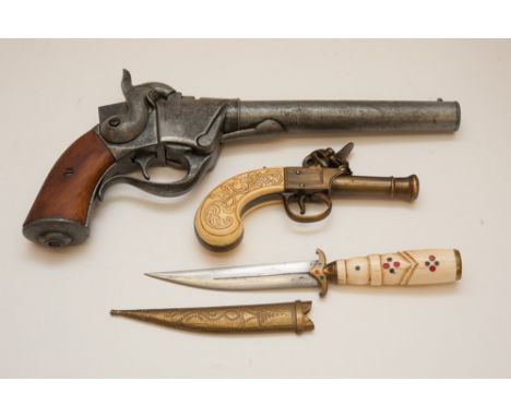 A reproduction flint lock, a percussion pistol and a bone handled dagger (3) 