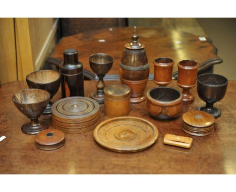 A collection of 18th and 19th Century tureen including coconut cups, yew wood, lignum vitae grinder, boxes etc.