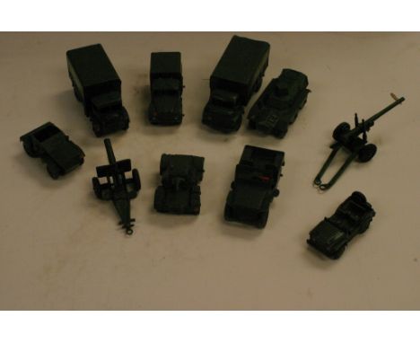 A collection of play worn diecast military vehicles mostly Dinky including  Army Wagon, 3 ton army and one Lone Star Jeep. 