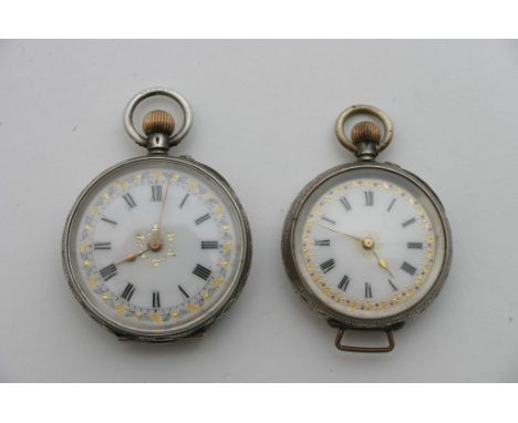 Two small silver cased ladies button wind fob watches with decorative enamel dials (one working) 
