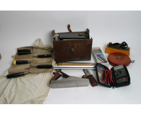 A box containing a collection of woodworking tools including chisels, planes, tape measure etc together with a boxed fusion t