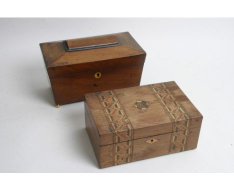 A Victorian inlaid work box and Georgian mahogany tea caddy