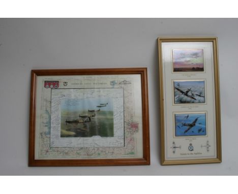 A framed American WWII Eagle Squadron montage with many printed signatures around the centre picture of Spitfire and Hurrican