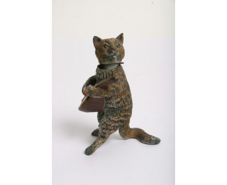 A cold painted pewter metal anthropomorphic cat figure with nodding head playing a lute musical instrument. 