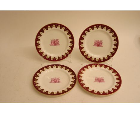 A set of Royal Worcester plates, the deep red borders centred with armorial coat of arms (City Livery Co) Marked to back Jame