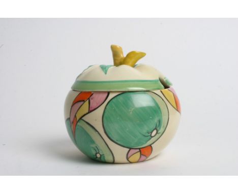 A rare Clarice Cliff  'Apples' pattern preserve pot with matched lid, printed facsimile mark to base