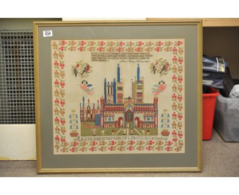 A large Victorian needle work sampler, a view of Lincoln Cathedral by Mary Holts work 1847, size approx 56X48cm