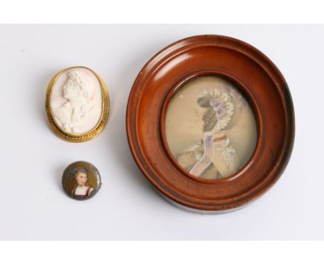 An oval framed portrait miniature together with a gilt metal cameo brooch and  button brooch