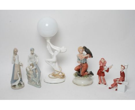 An Art Deco style lamp, a Nao figure plus others