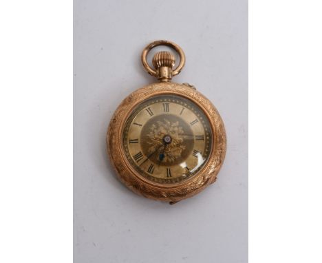 A 14ct gold pocket watch with button wind movement, the dial with roman numerals. 