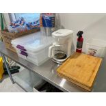 LOT OF WOOD CUTTING BOARDS, COFFEE MAKER, ELECTRIC KETTLE, PLASTIC DISPOSABLE CUPS, FIRE EXTINGUISHE