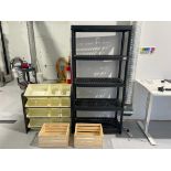 5-SHELF PLASTIC STORAGE SHELF WITH 12-BIN STORAGE RACK & (2) WOODEN CRATE