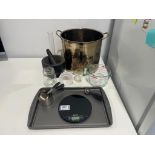 LOT OF STAINLESS STEEL STOCK POT, MORTAR & PESTLE, MEASURING CUPS/SPOONS, STARFRIT SCALE