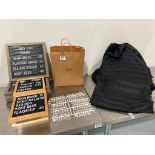 LOT OF ASST. LETTER BOARDS WITH LETTERS & BLACK TABLECLOTHS