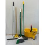 LOT OF RUBBERMAID MOP BUCKET, BROOMS & SQUEEGEE